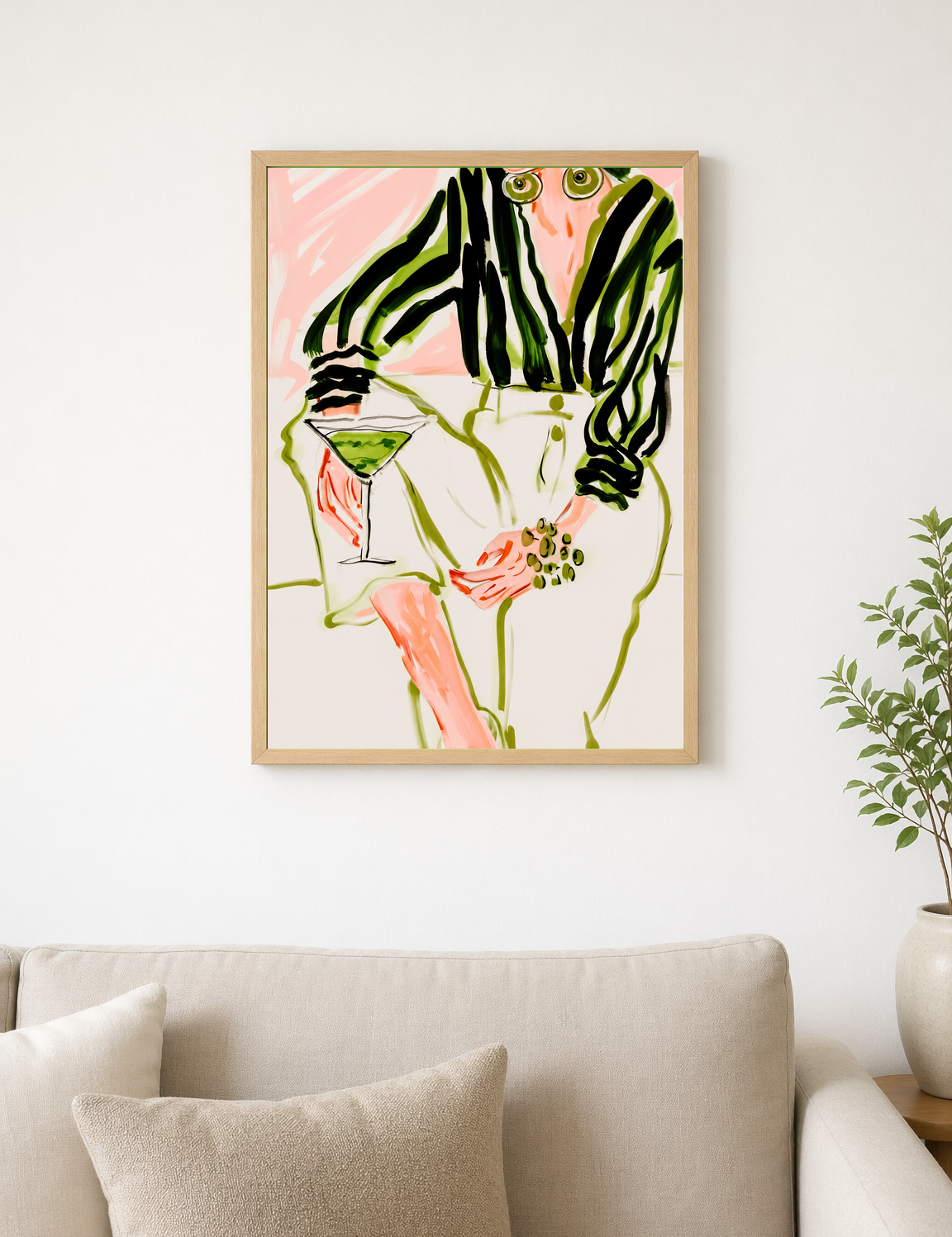 Abstract Woman with Martini Wall Art Print - wood framed poster