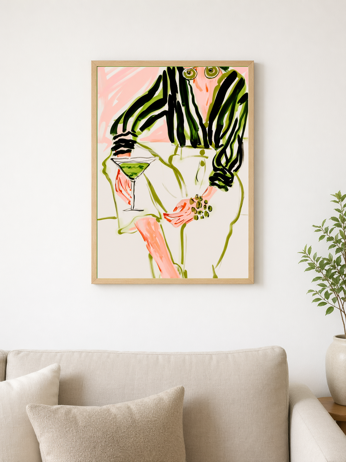 Abstract Woman with Martini Wall Art Print - wood framed poster