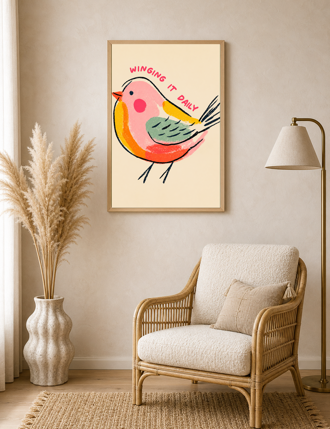 Winging It Daily Cute Bird Wall Art Print - wood framed poster