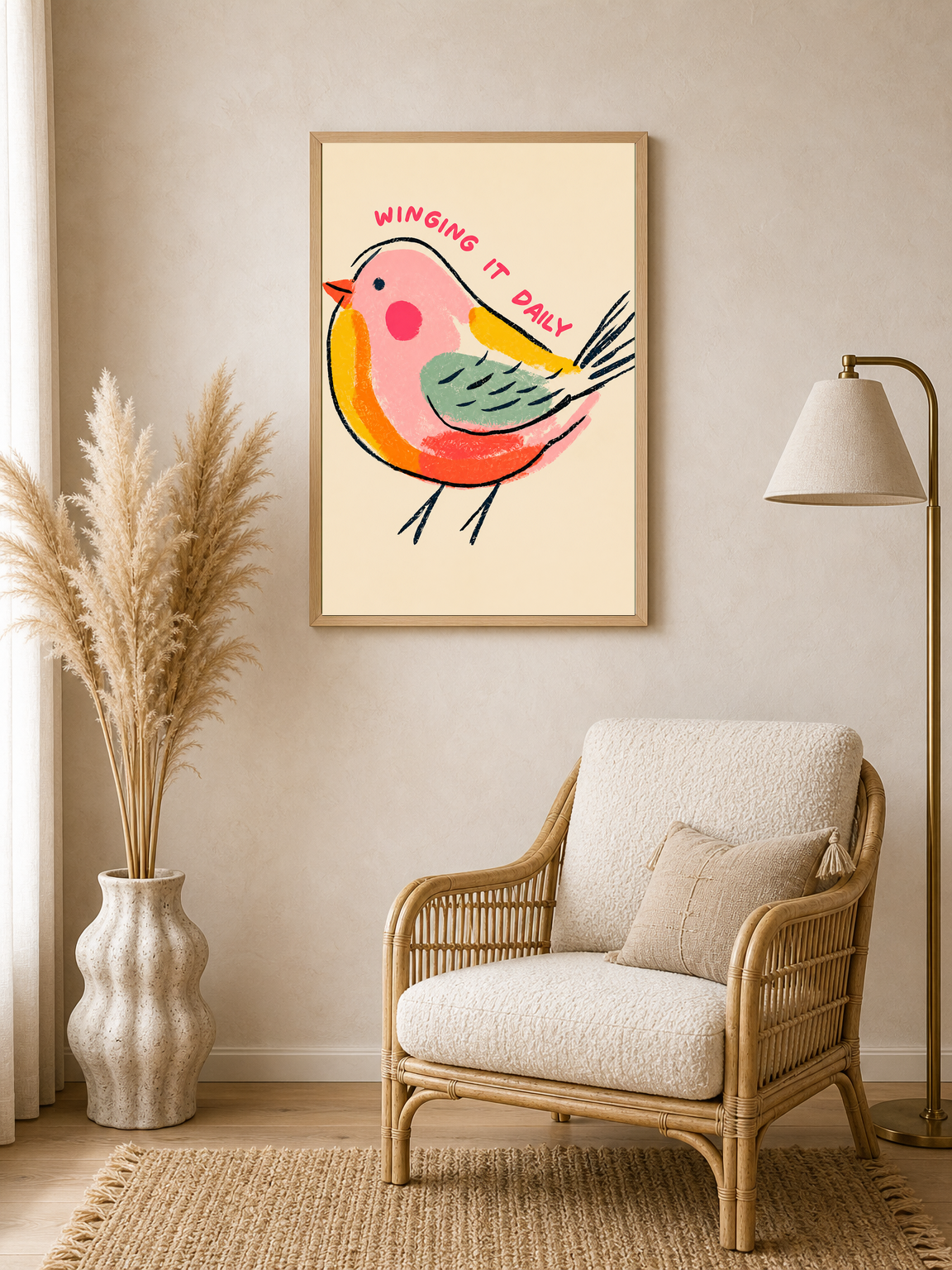 Winging It Daily Cute Bird Wall Art Print - wood framed poster
