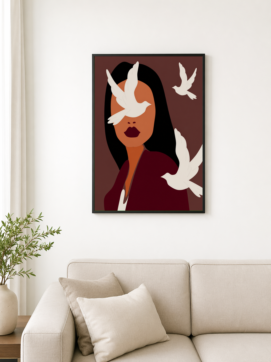 Abstract Woman with White Doves Wall Art Print - black framed