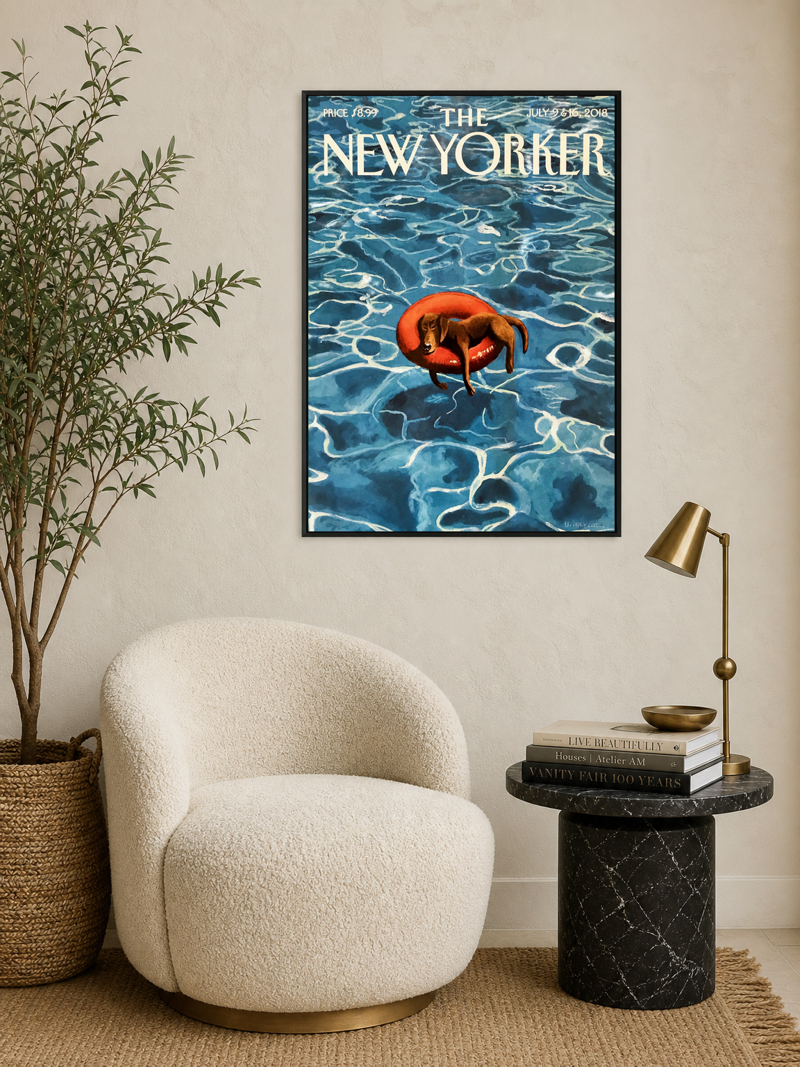 Dog Floating Pool New Yorker Wall Art Print - black framed