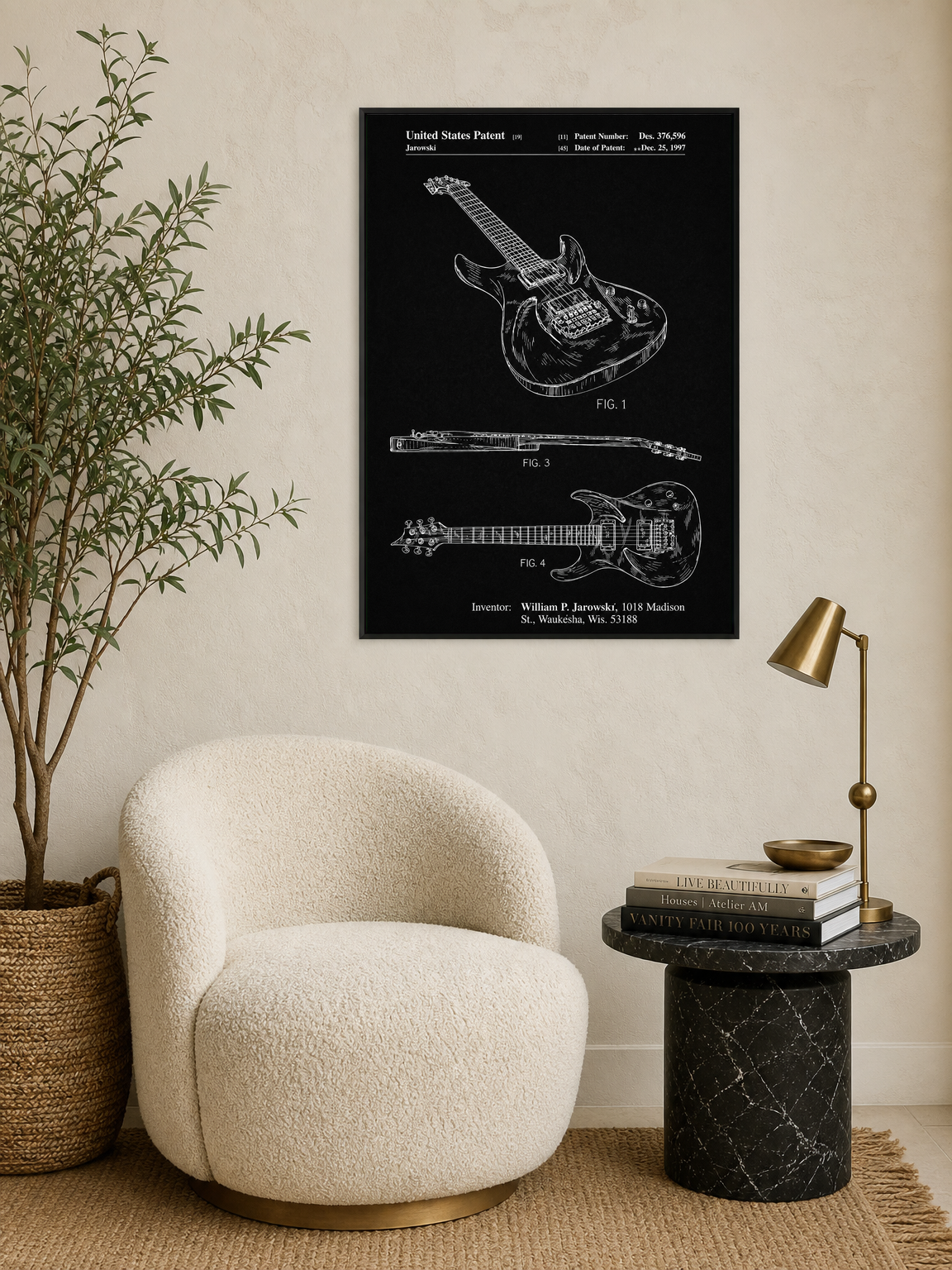 Electric Guitar Patent Wall Art Print, Chalkboard Style - black framed