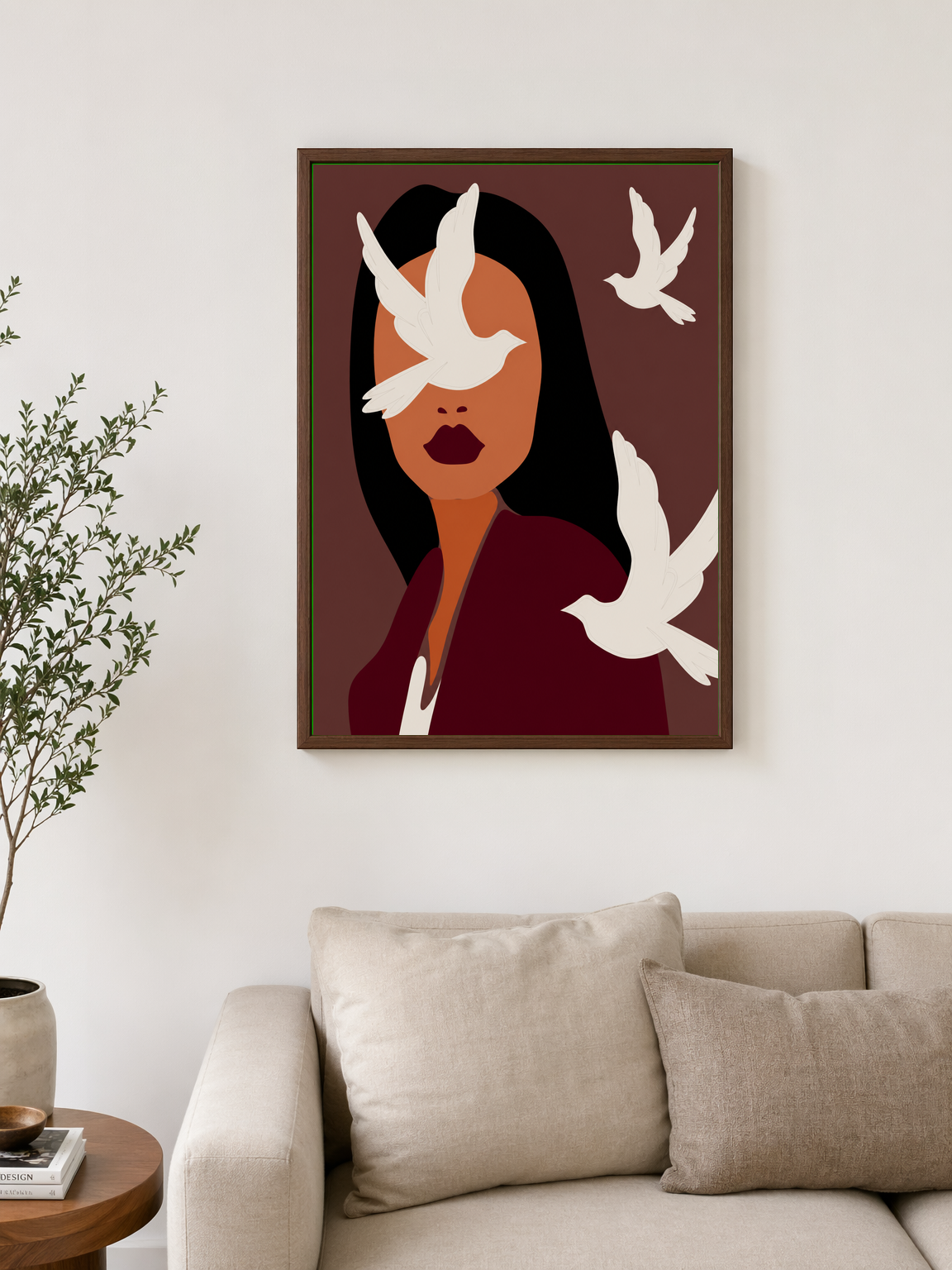 Abstract Woman with White Doves Wall Art Print - dark wood framed