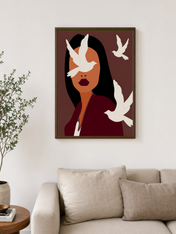 Abstract Woman with White Doves Wall Art Print - dark wood framed