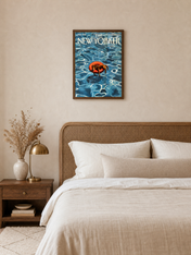 Dog Floating Pool New Yorker Wall Art Print - dark wood framed
