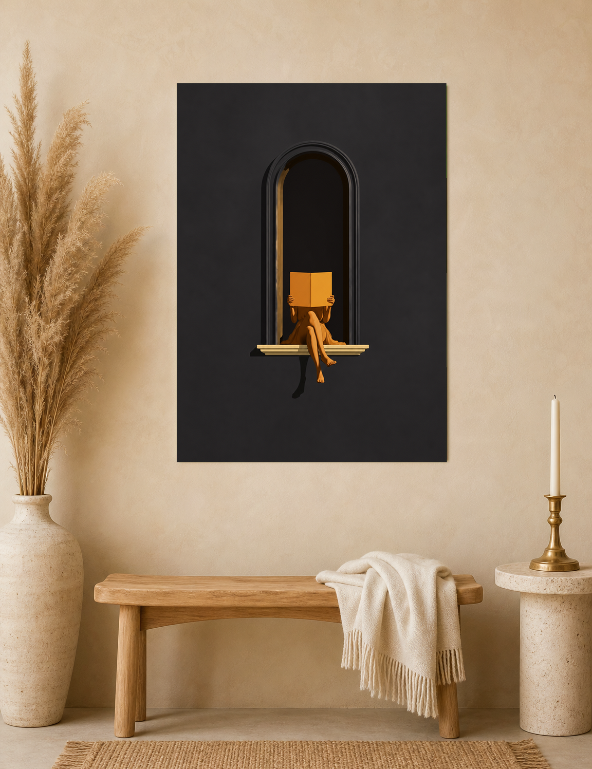 Minimalist Woman Reading Window Wall Art Print - unframed mockup