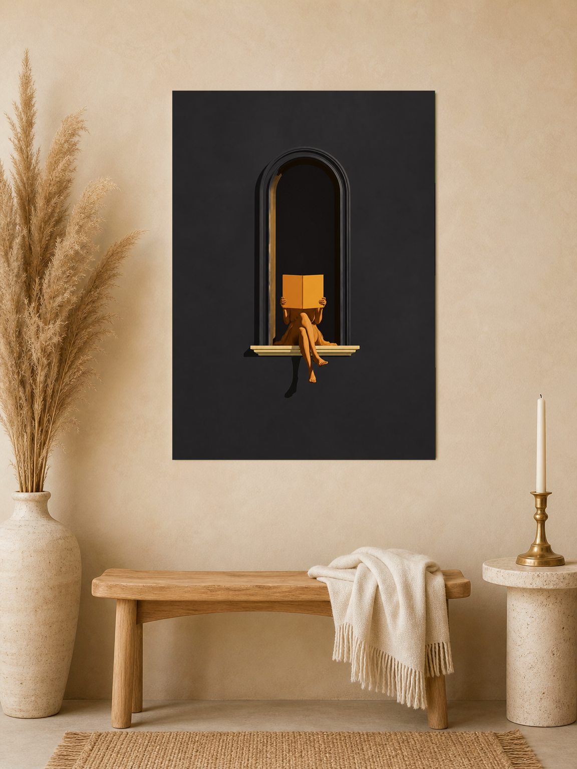 Minimalist Woman Reading Window Wall Art Print - unframed mockup