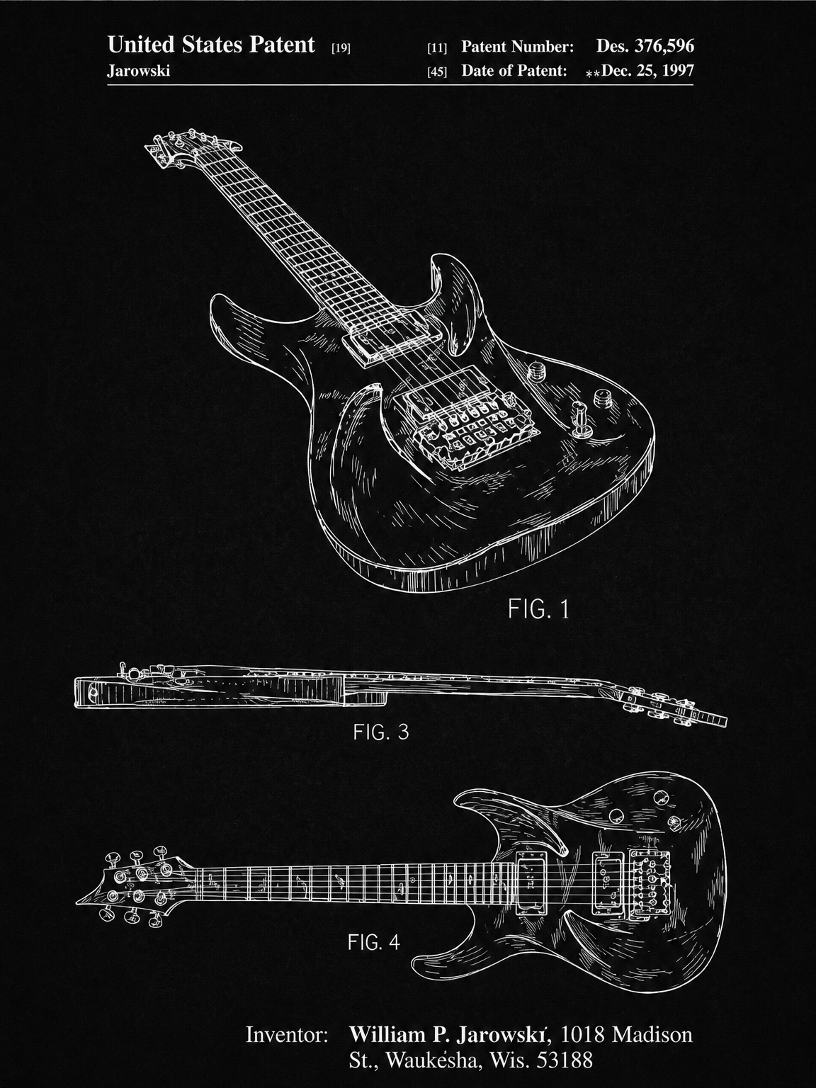 Electric Guitar Patent Wall Art Print, Chalkboard Style - unframed