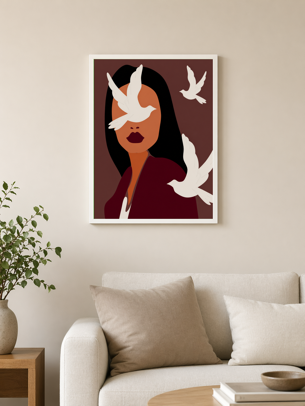 Abstract Woman with White Doves Wall Art Print - white framed