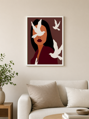 Abstract Woman with White Doves Wall Art Print - white framed
