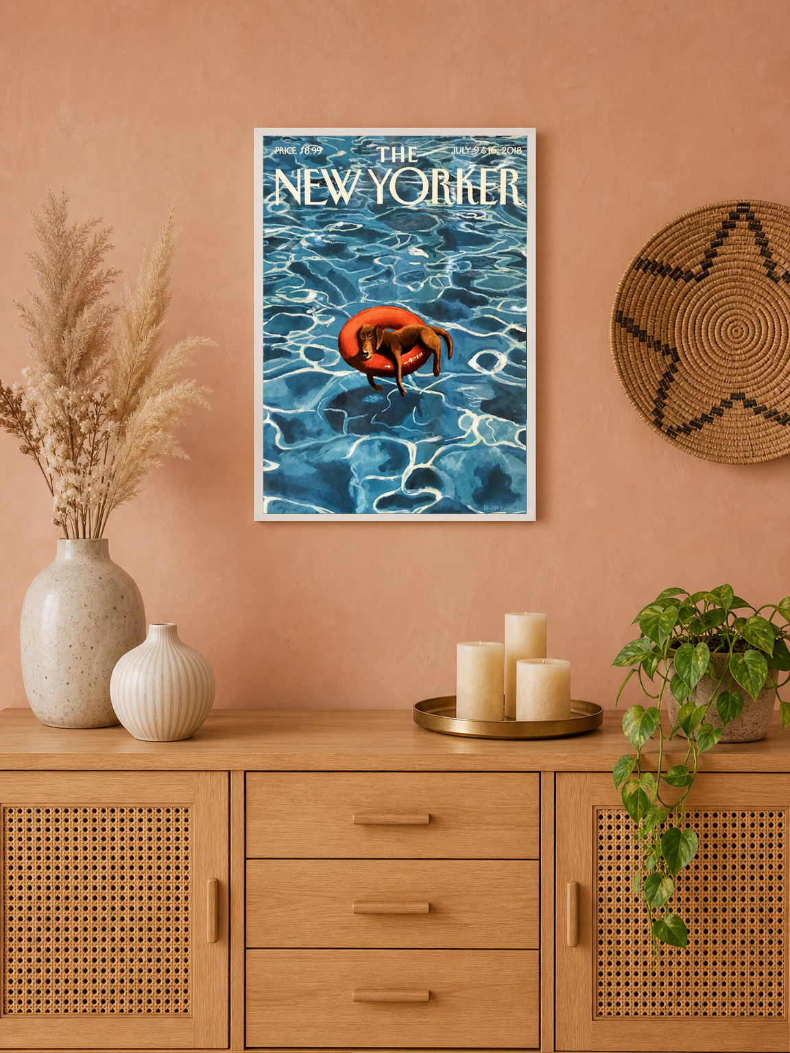 Dog Floating Pool New Yorker Wall Art Print - white framed