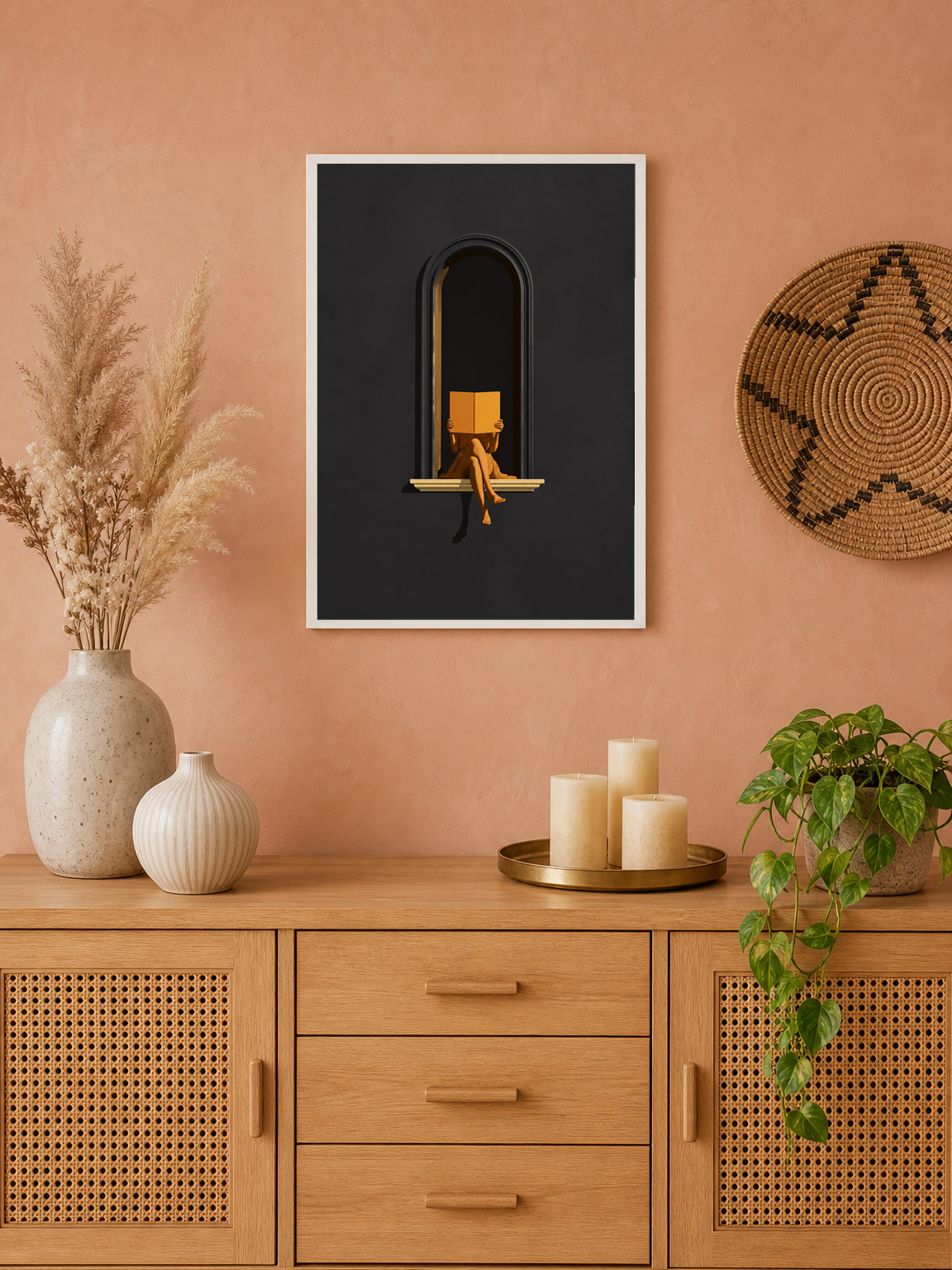 Minimalist Woman Reading Window Wall Art Print - white framed