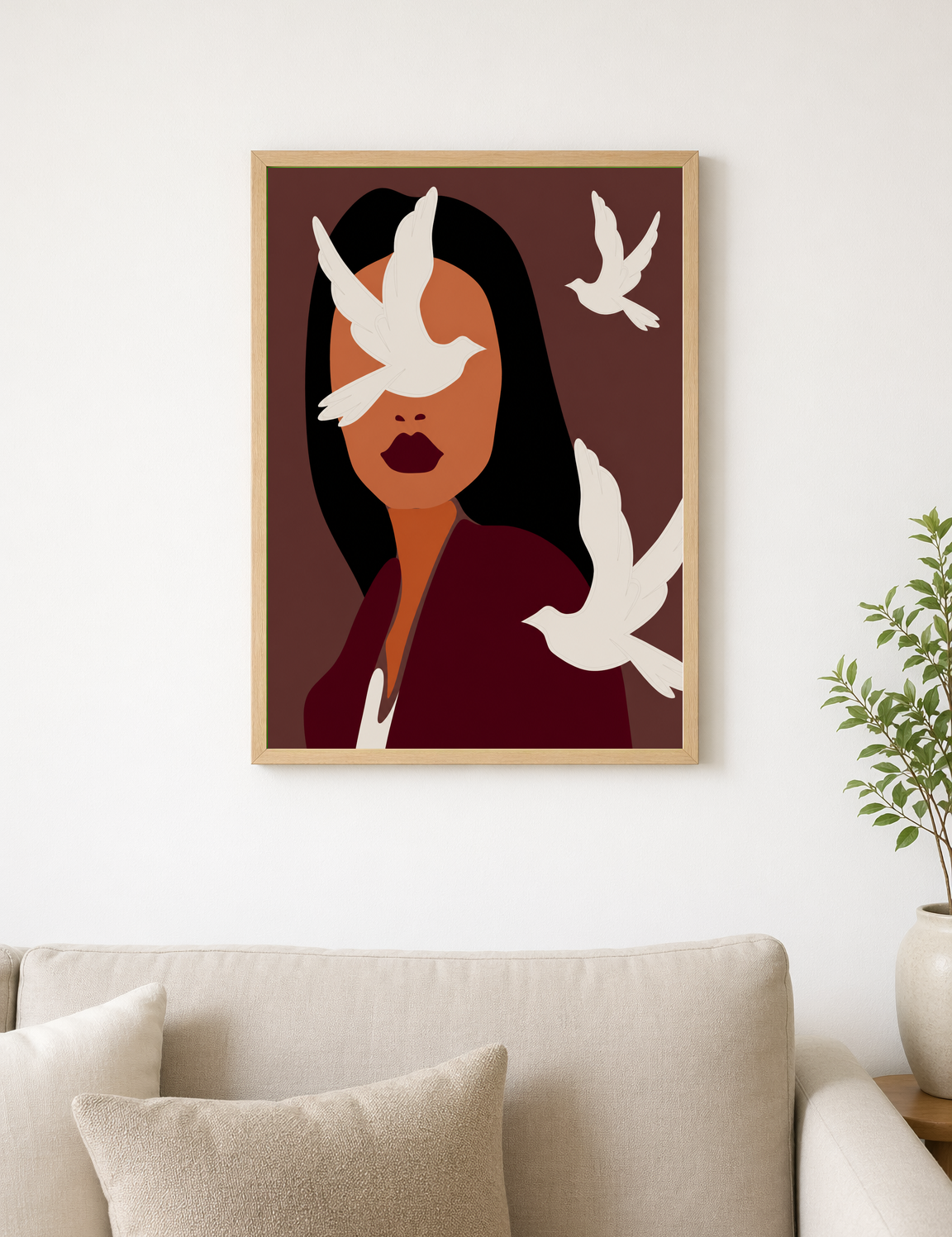 Abstract Woman with White Doves Wall Art Print - wood framed poster