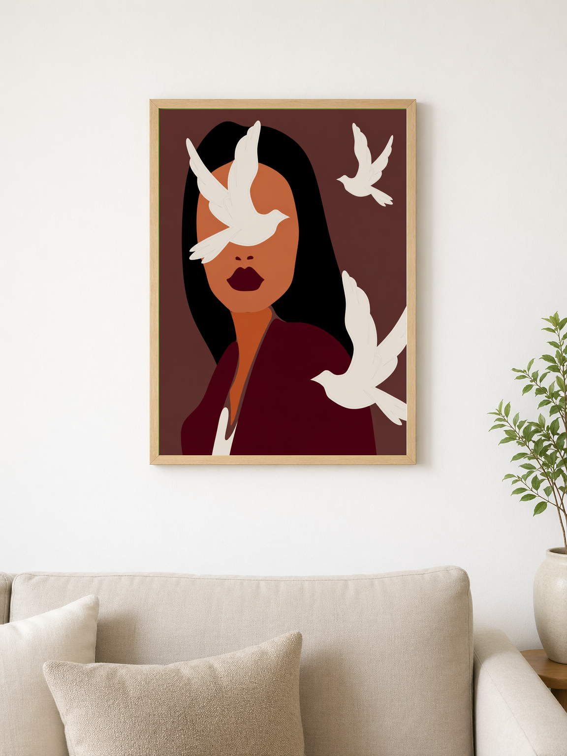 Abstract Woman with White Doves Wall Art Print - wood framed poster
