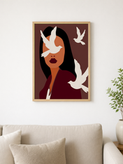 Abstract Woman with White Doves Wall Art Print - wood framed poster