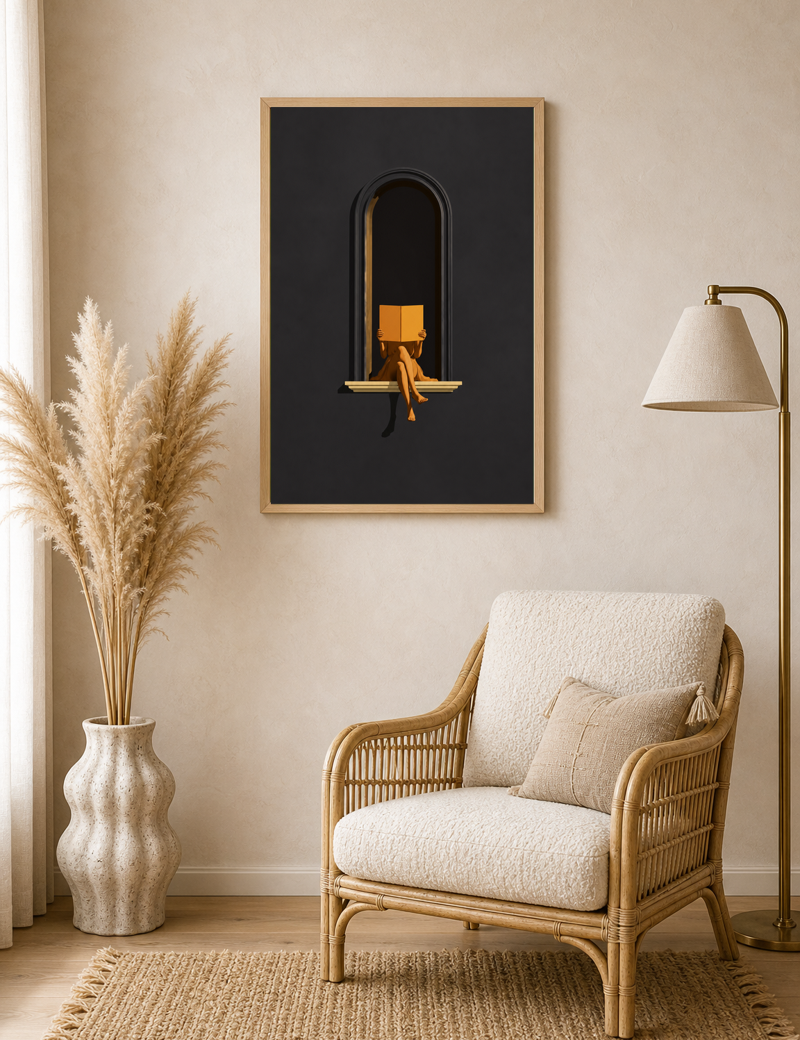 Minimalist Woman Reading Window Wall Art Print - wood framed poster