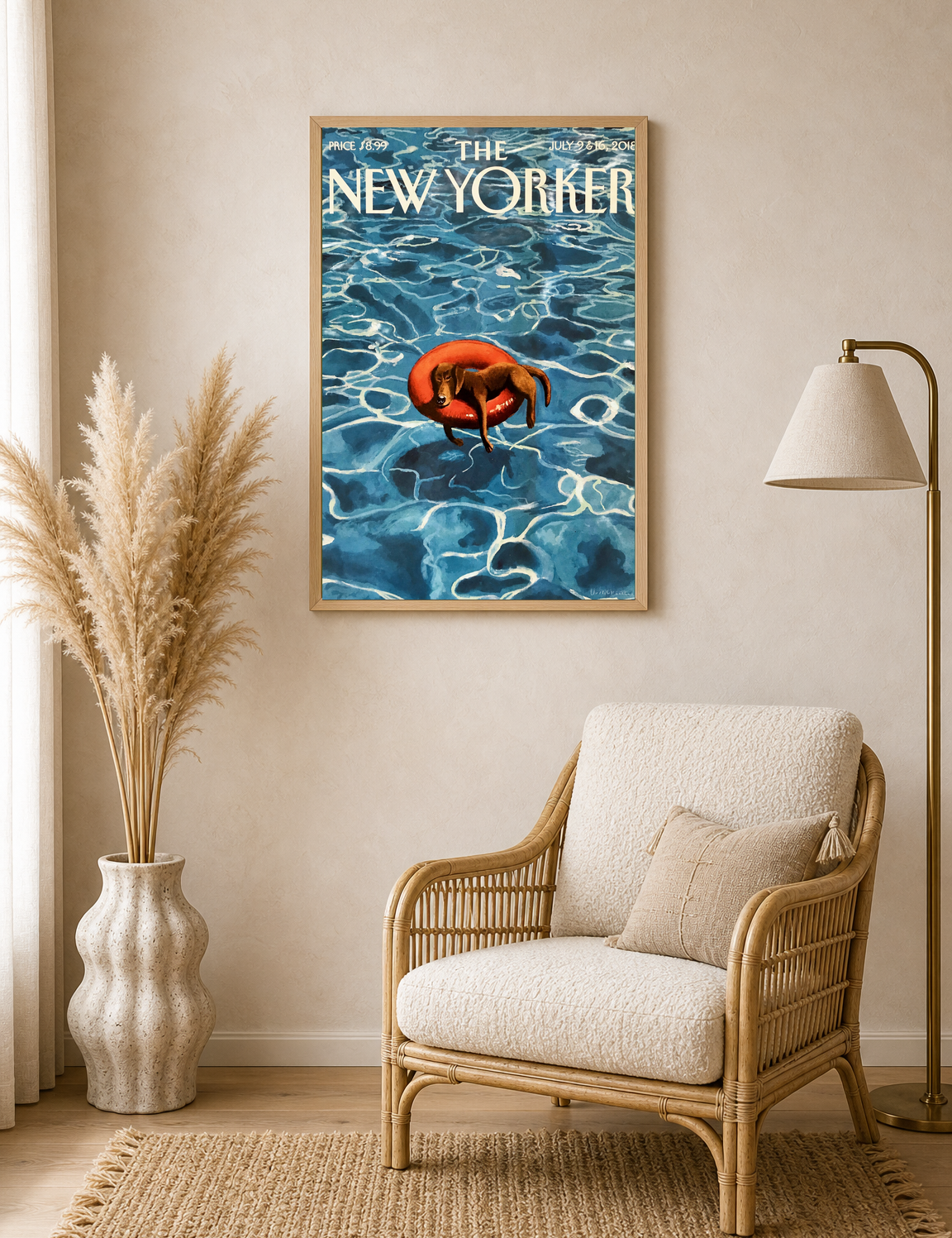 Dog Floating Pool New Yorker Wall Art Print - wood framed poster