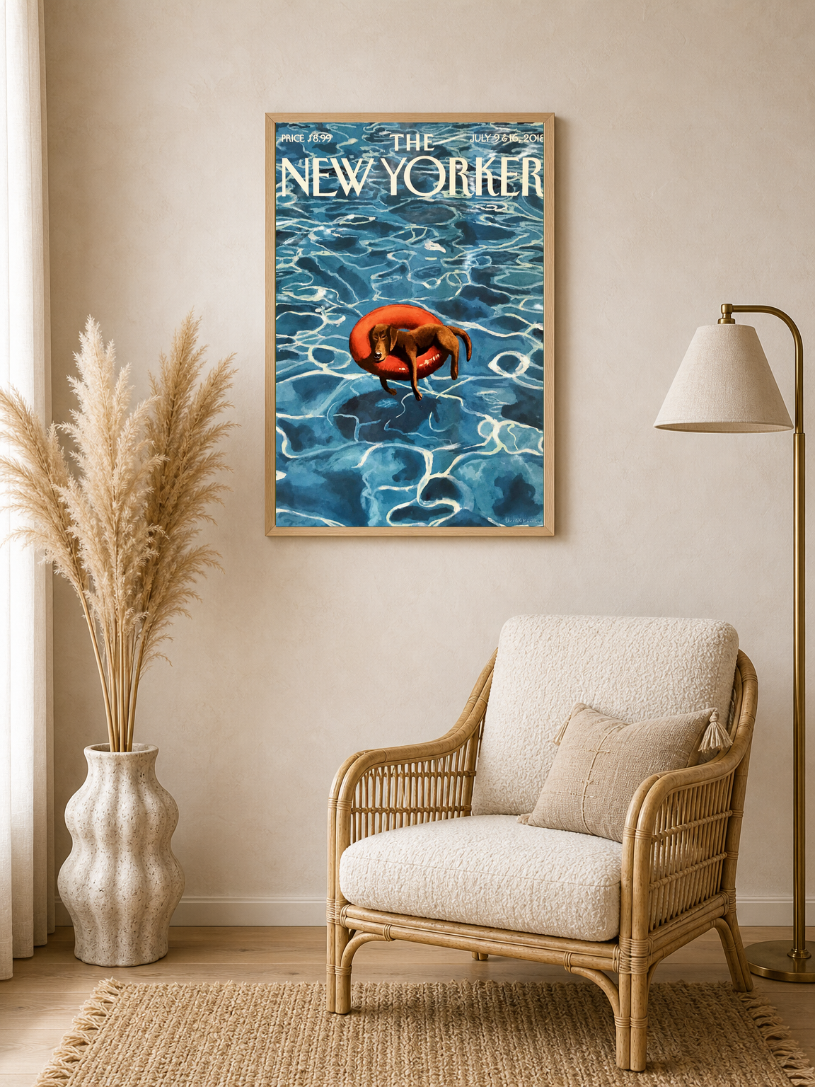 Dog Floating Pool New Yorker Wall Art Print - wood framed poster