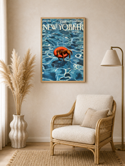 Dog Floating Pool New Yorker Wall Art Print - wood framed poster