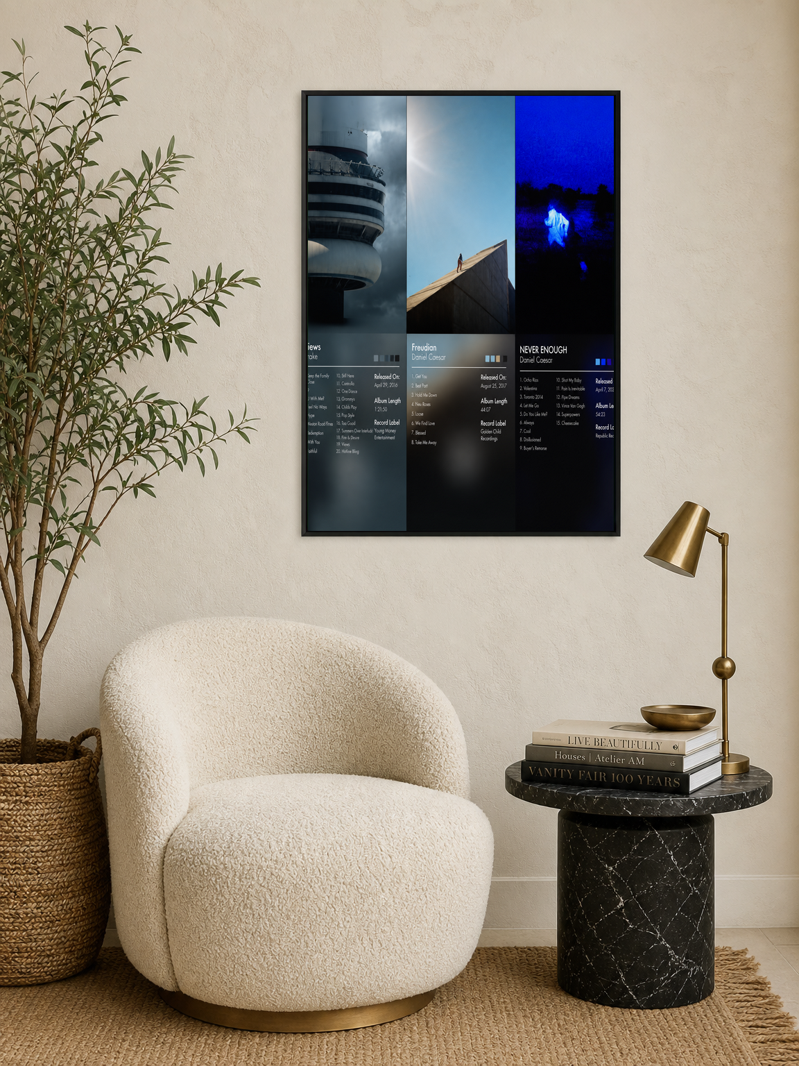 Minimalist Album Cover Wall Art Print Trio - black framed