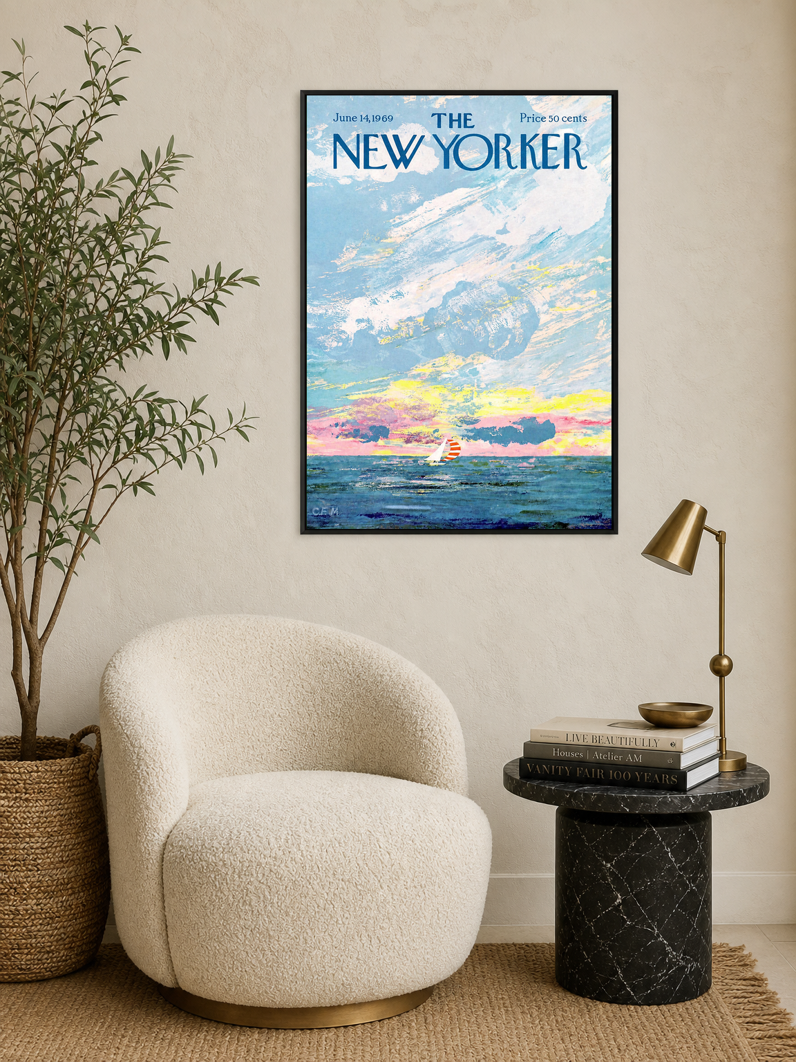 The New Yorker Sailboat Cover Wall Art Print - black framed