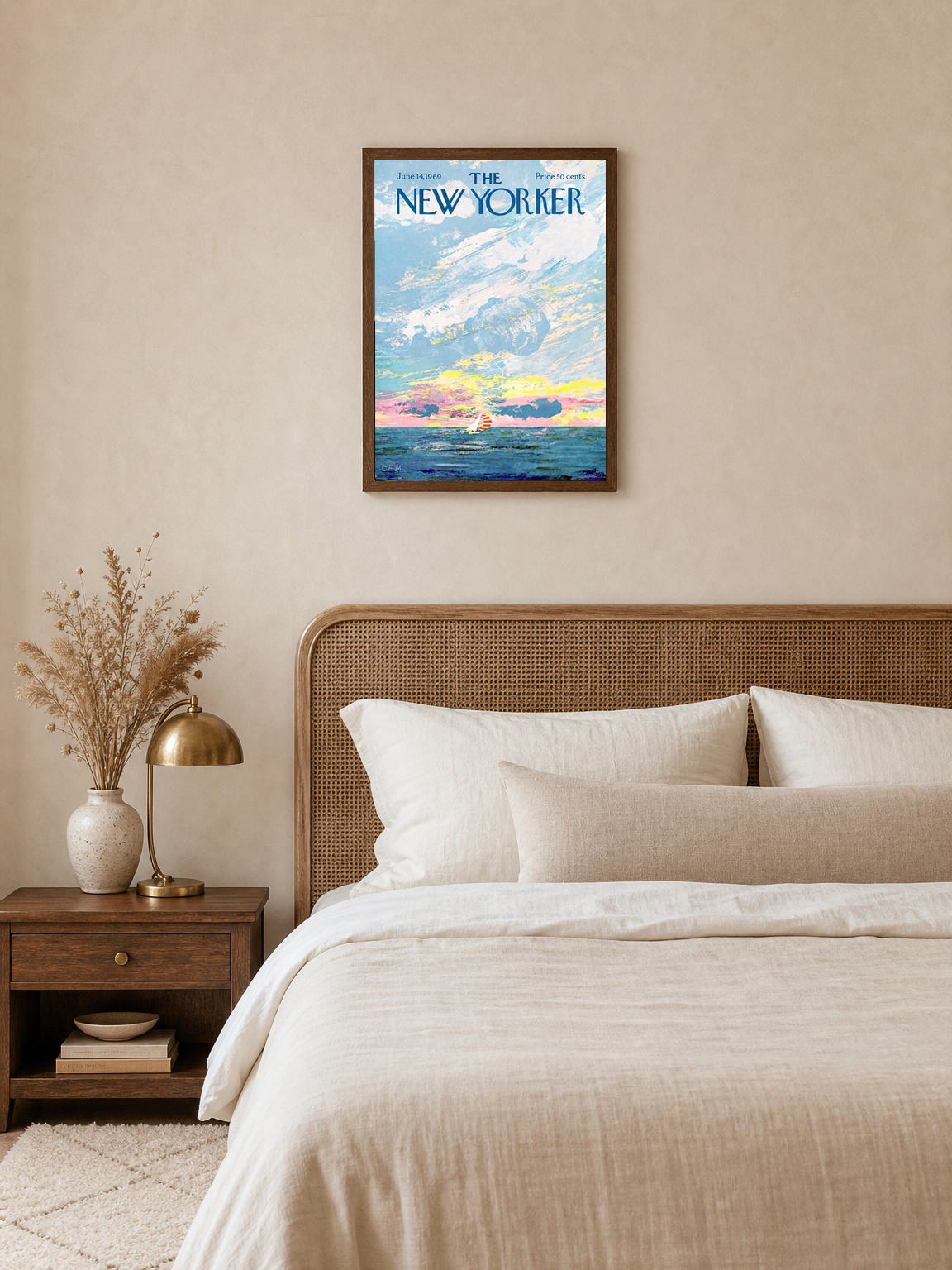 The New Yorker Sailboat Cover Wall Art Print - dark wood framed