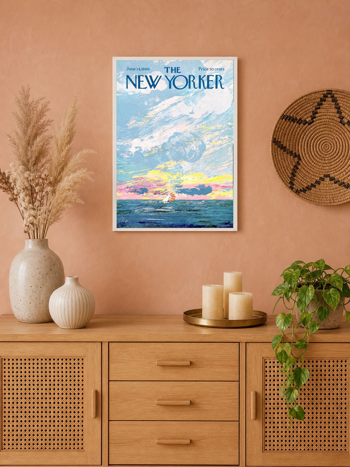 The New Yorker Sailboat Cover Wall Art Print - white framed