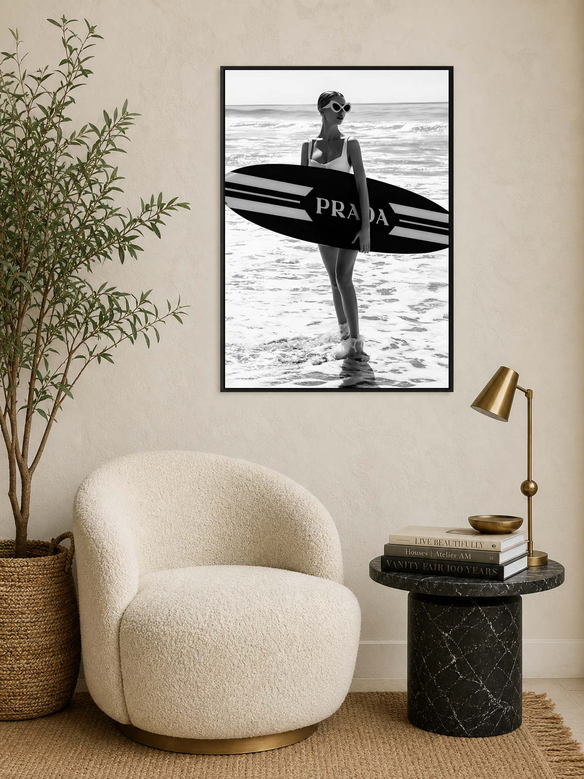 Prada Surf Girl Black and White Wall Art Print - black framed