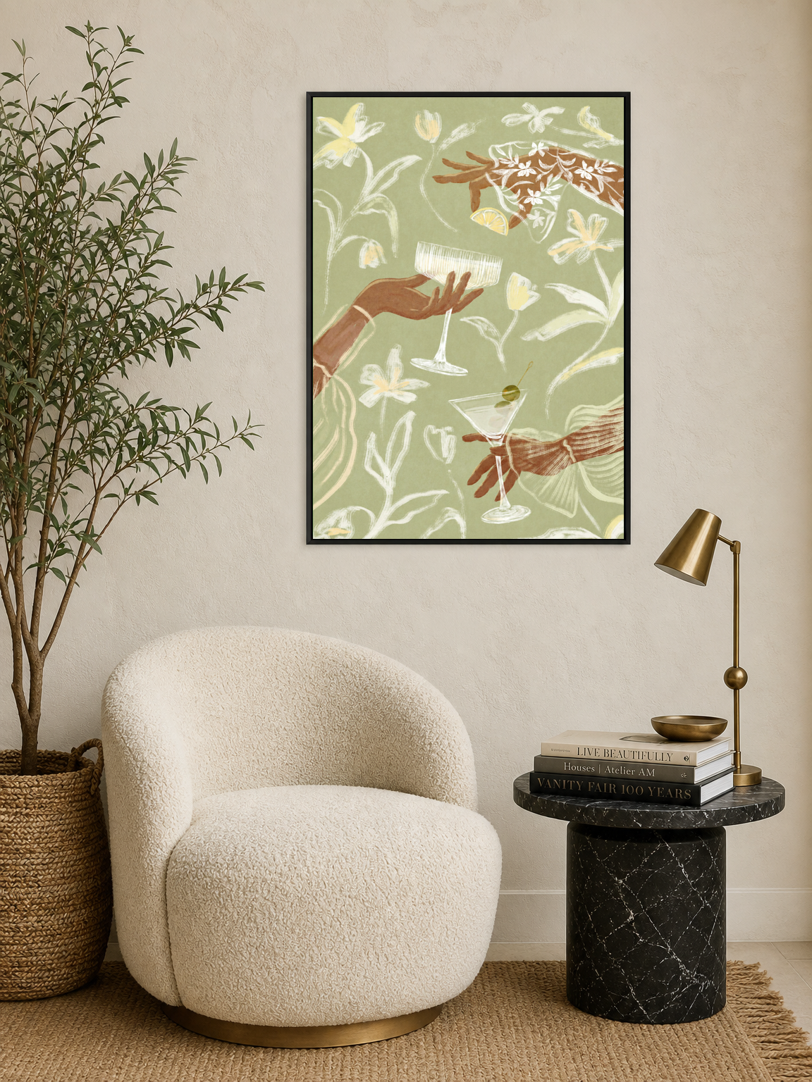 Floral Cocktail Party Wall Art Print - black framed