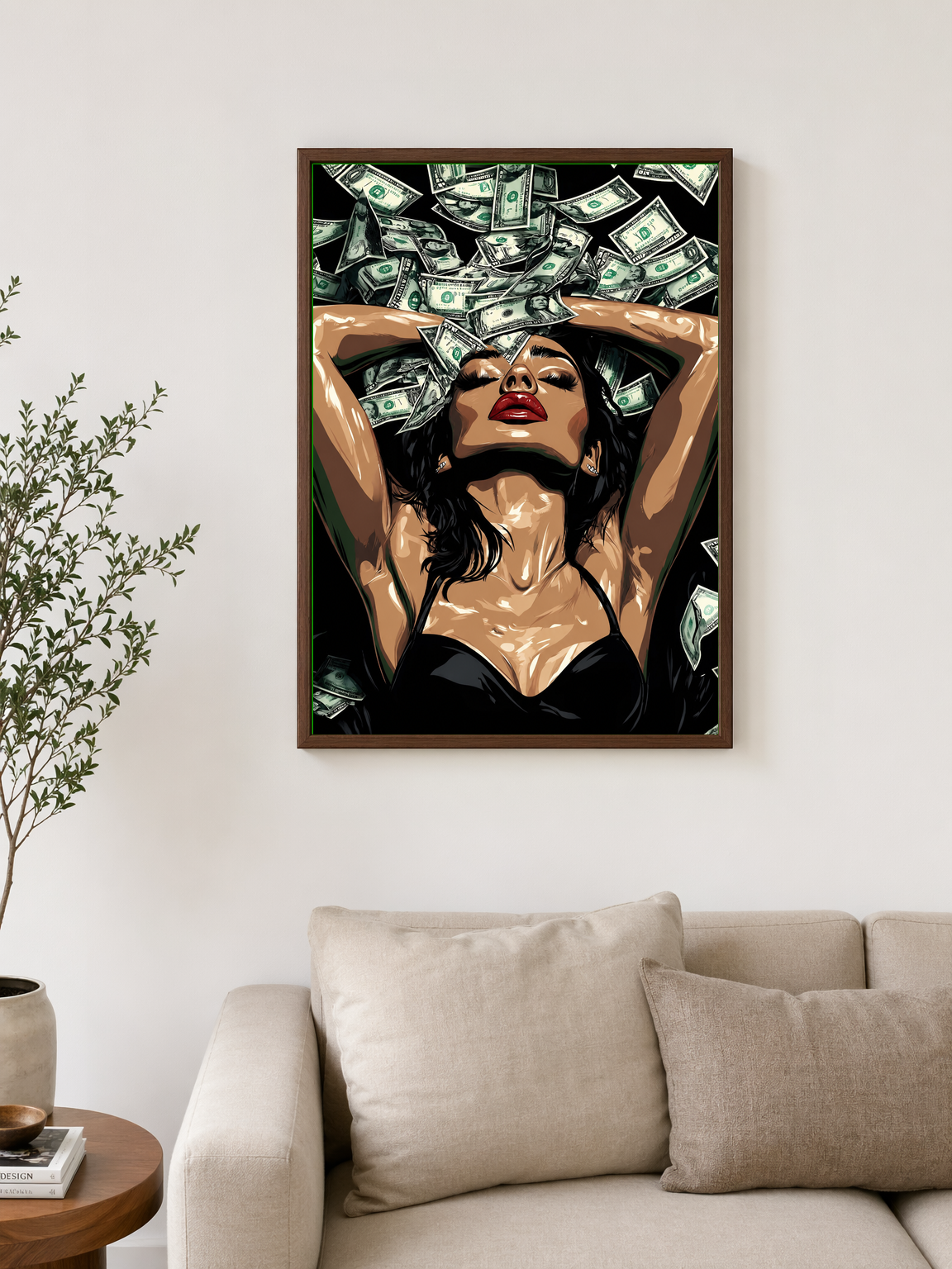 Glamorous Money Rain Wall Art Print - dark wood framed