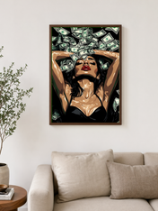 Glamorous Money Rain Wall Art Print - dark wood framed