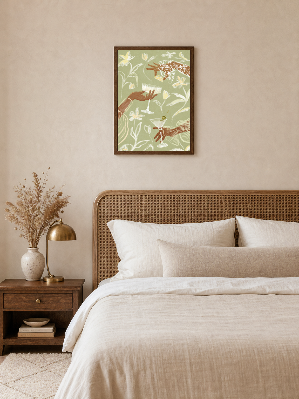 Floral Cocktail Party Wall Art Print - dark wood framed