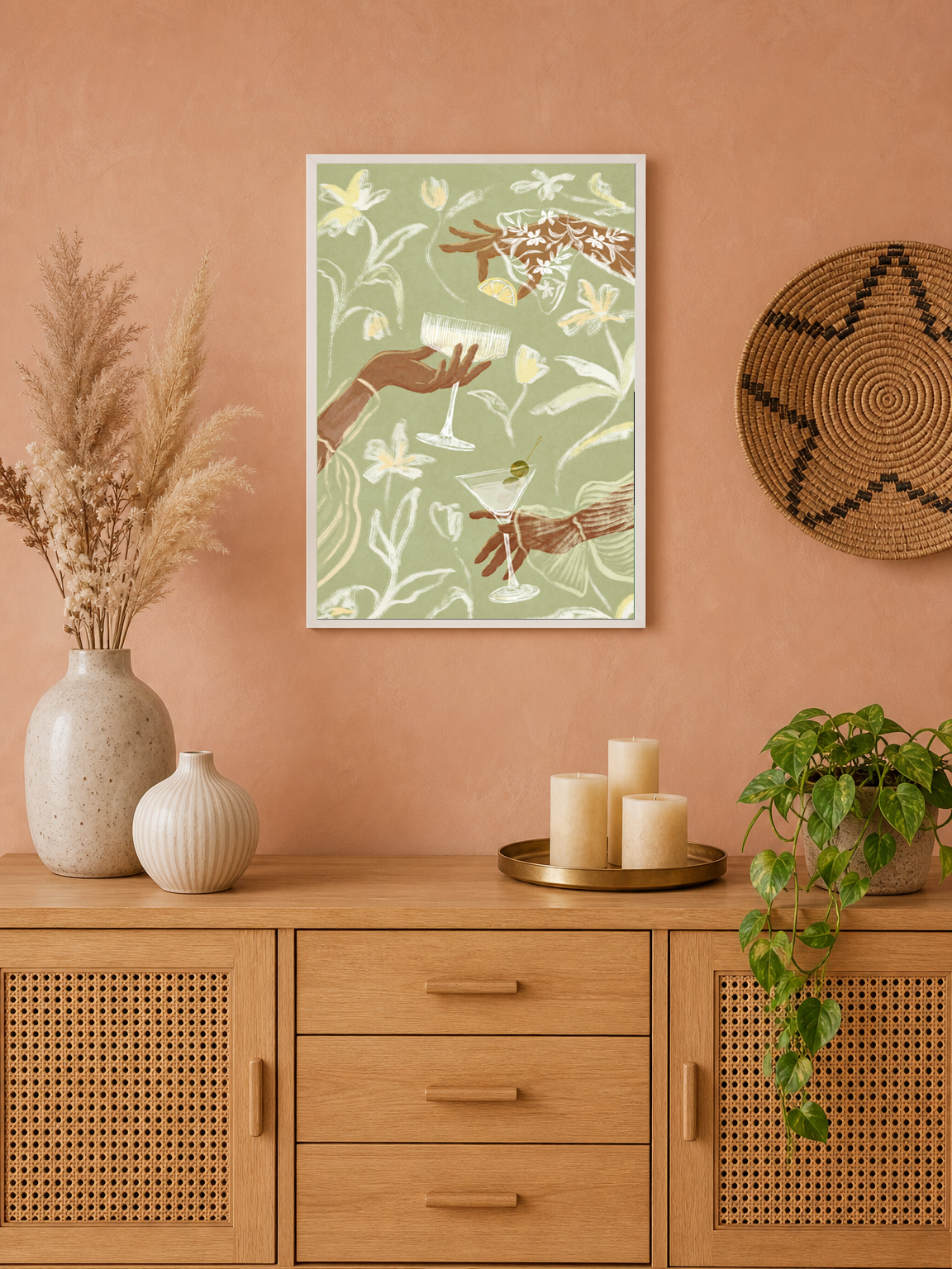 Floral Cocktail Party Wall Art Print - white framed