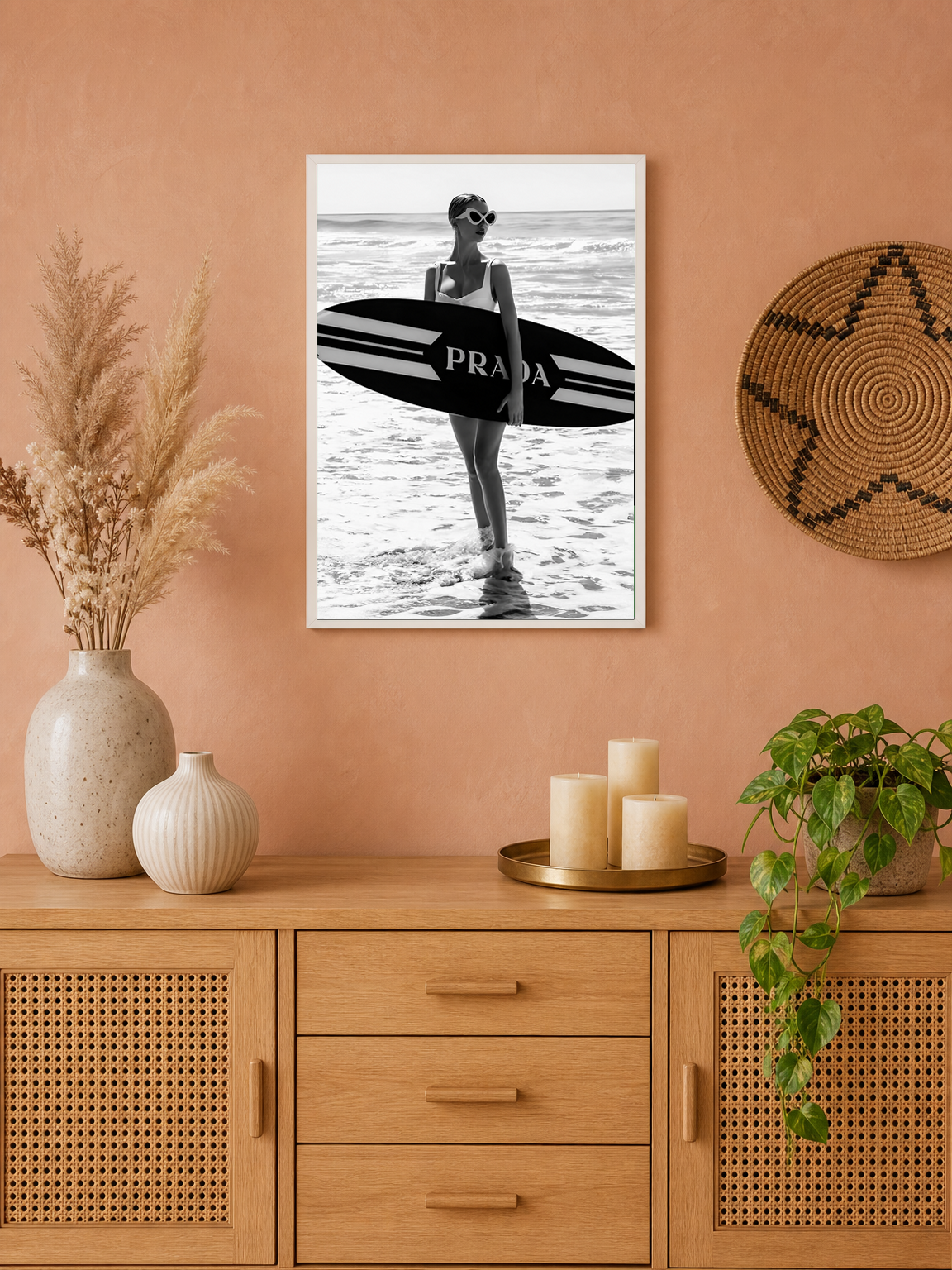 Prada Surf Girl Black and White Wall Art Print - white framed
