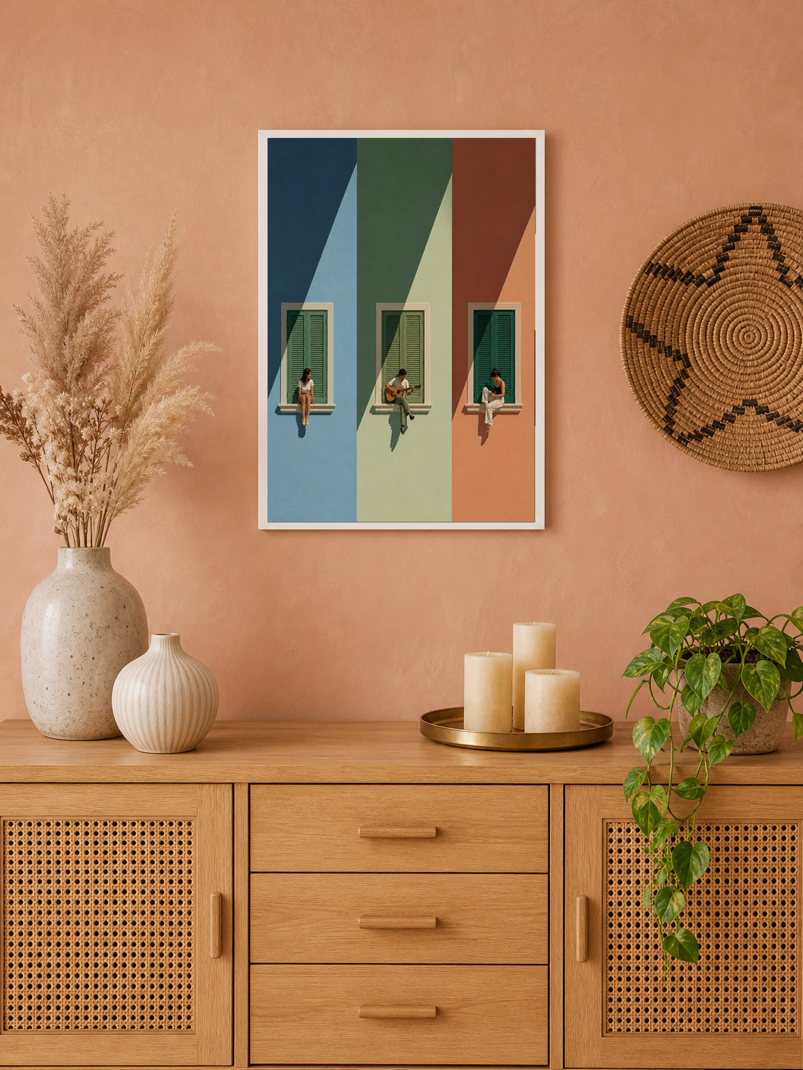 Color Block Windows & Musicians Wall Art Print - white framed