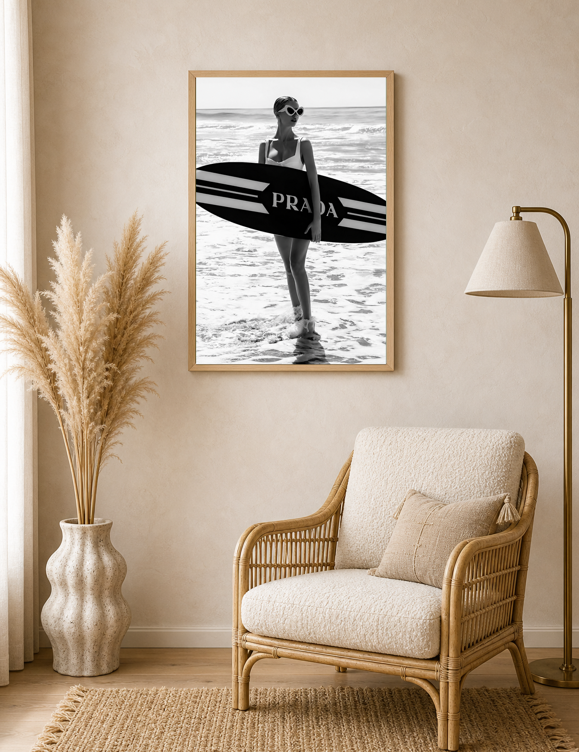 Prada Surf Girl Black and White Wall Art Print - wood framed poster