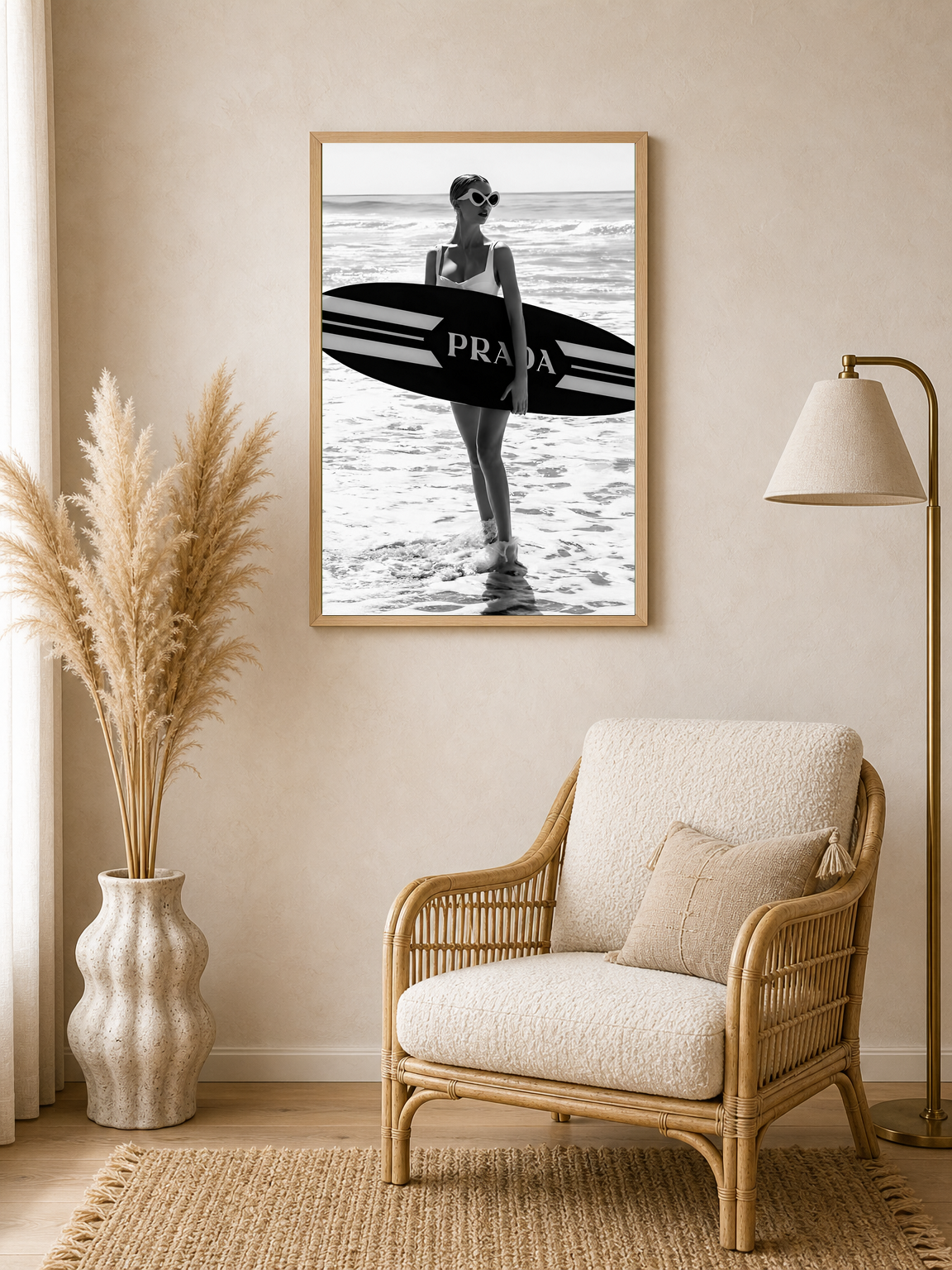 Prada Surf Girl Black and White Wall Art Print - wood framed poster