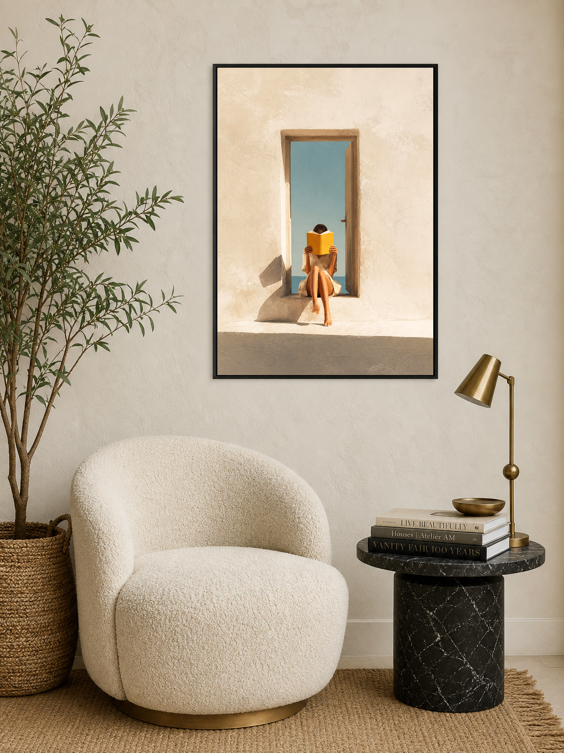 Minimalist Girl Reading by Doorway Wall Art Print - black framed