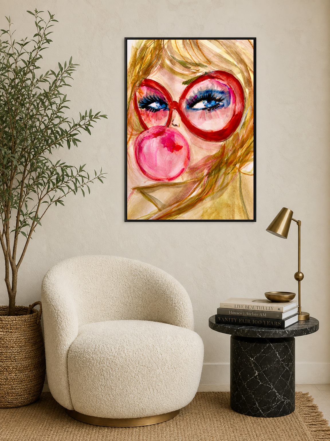 Pop Art Girl with Bubblegum Wall Art Print - black framed