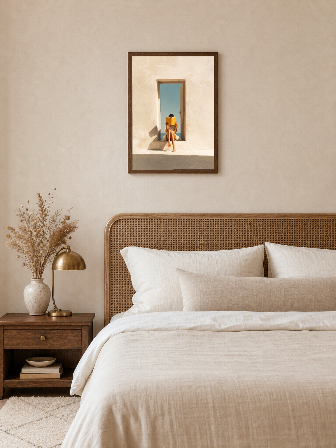 Minimalist Girl Reading by Doorway Wall Art Print - dark wood framed