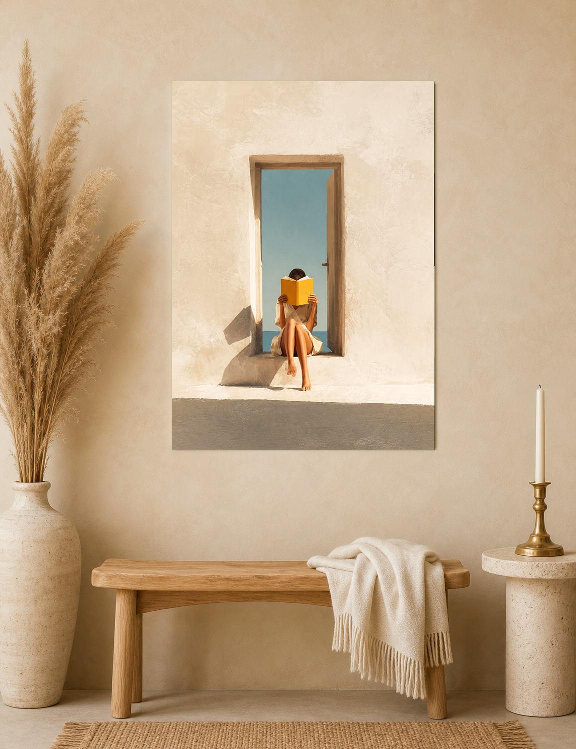 Minimalist Girl Reading by Doorway Wall Art Print - unframed mockup