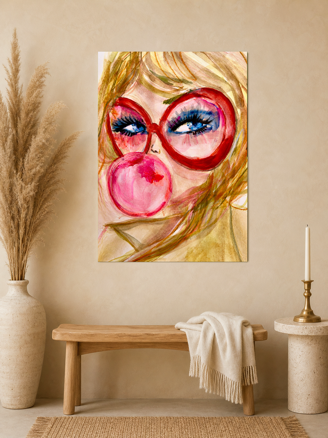 Pop Art Girl with Bubblegum Wall Art Print - unframed mockup