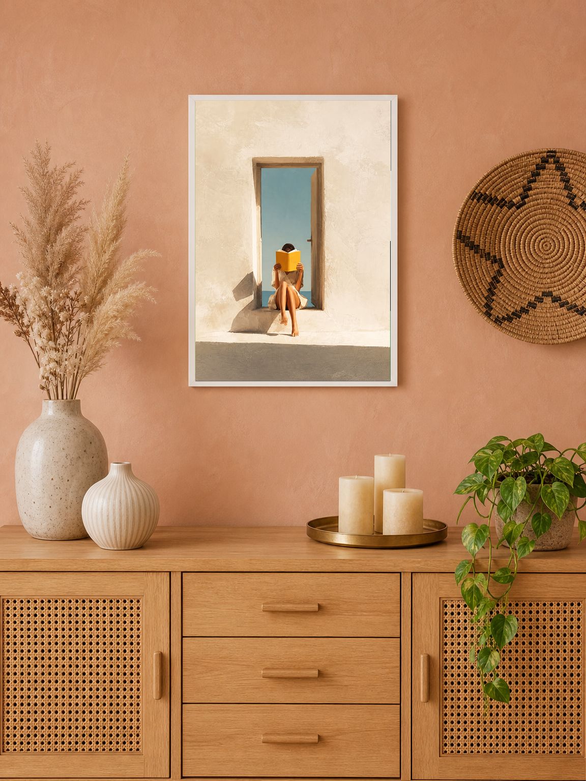 Minimalist Girl Reading by Doorway Wall Art Print - white framed