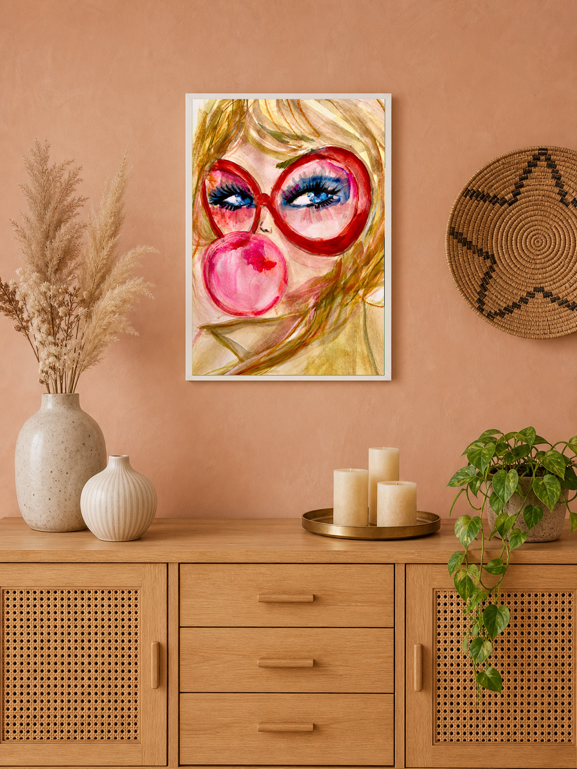 Pop Art Girl with Bubblegum Wall Art Print - white framed