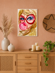 Pop Art Girl with Bubblegum Wall Art Print - white framed