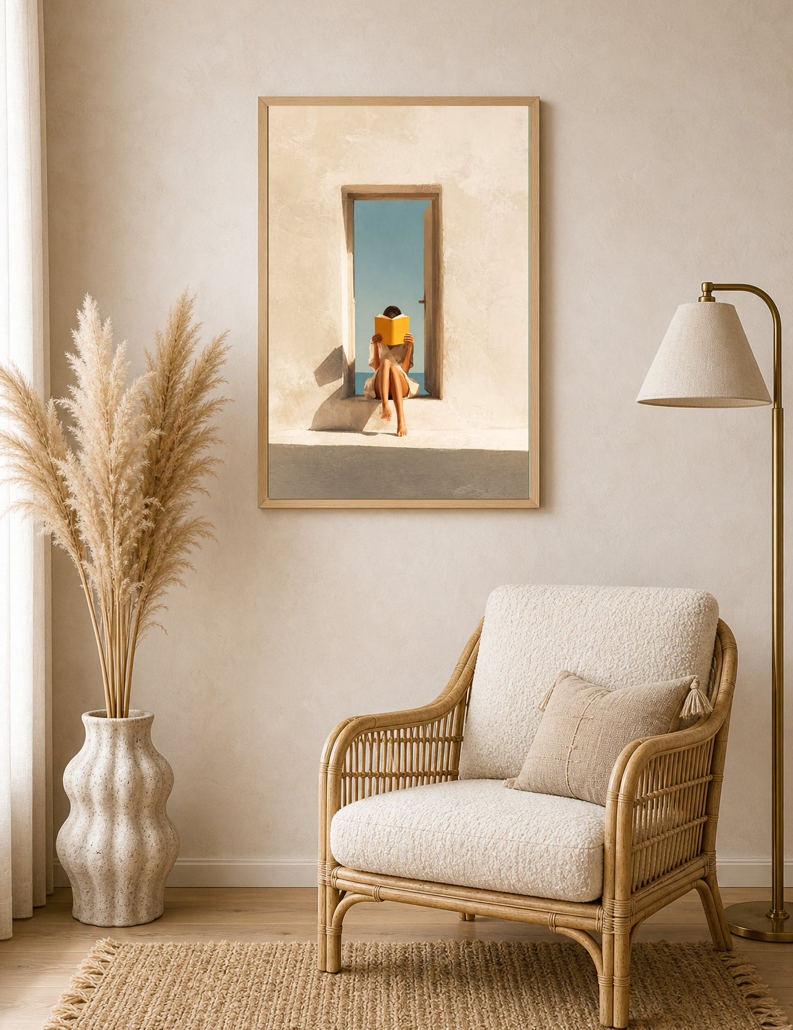 Minimalist Girl Reading by Doorway Wall Art Print - wood framed poster