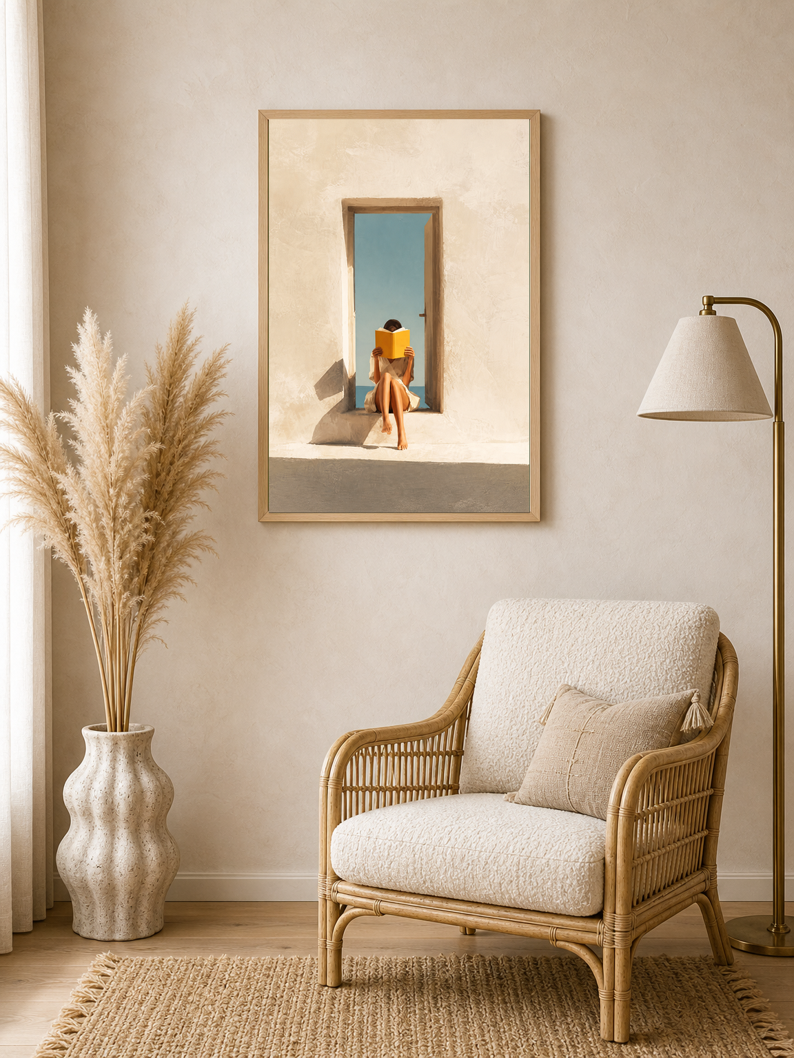 Minimalist Girl Reading by Doorway Wall Art Print - wood framed poster