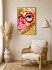 Pop Art Girl with Bubblegum Wall Art Print - wood framed poster