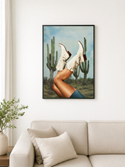 Surreal Cowboy Boots Desert Wall Art Print - black framed